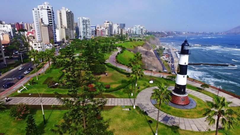 Peruvian sculpture in a coastal Miraflores park at sunset