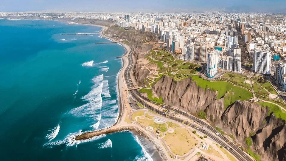 Aerial view of Costa Verde coastline in Lima, Peru.