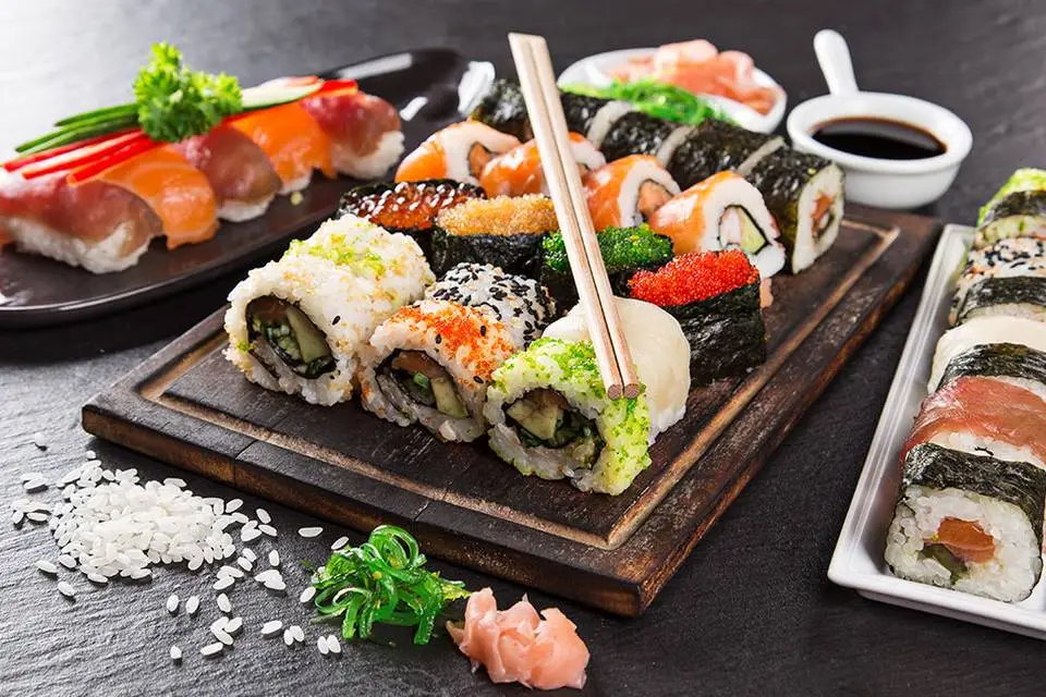 Sushi rolls with Peruvian Nikkei style in Lima restaurant
